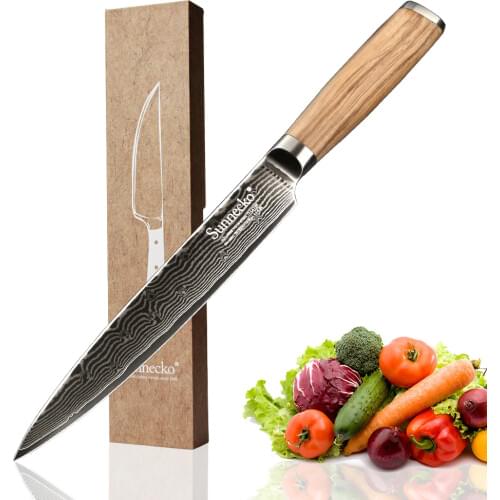 SUNNECKO 8" Slicing Knife Damascus Steel Cutter Knives Japanese VG10 Razor Sharp Blade Original Wood Handle Chef Kitchen Knives