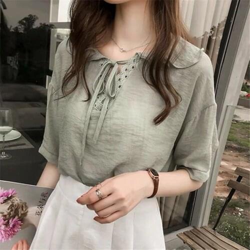 Extra large Chiffon Loose Women Blouses Shirts Lacing Bow-Knot Half Sleeve Korean Version Casual Tops Blusas MM0299