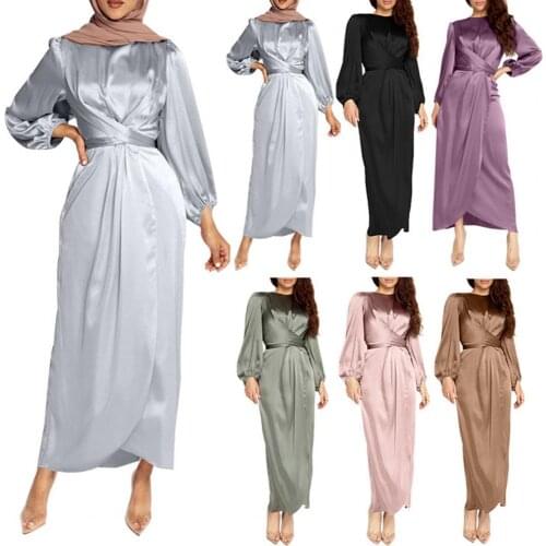 2021 Abaya Wrap Front Dress Long Sleeve Satin Solid Color Slit to the waist Long Dress Women Dubai Turkey Fashion Elegant Wear