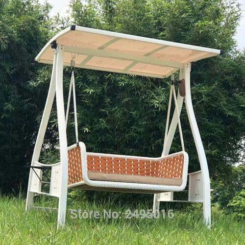 Two seats aluminum garden rattan swing chair PC board canopy hammock outdoor wicker furniture with solar light white color