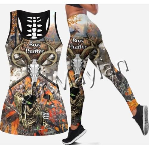 Fashion Animal Bow Hunter Hunting Deer Colorful Women Hollow Tanktop & Legging 3D Print Leisure Female Sexy Vest Clothes S-44