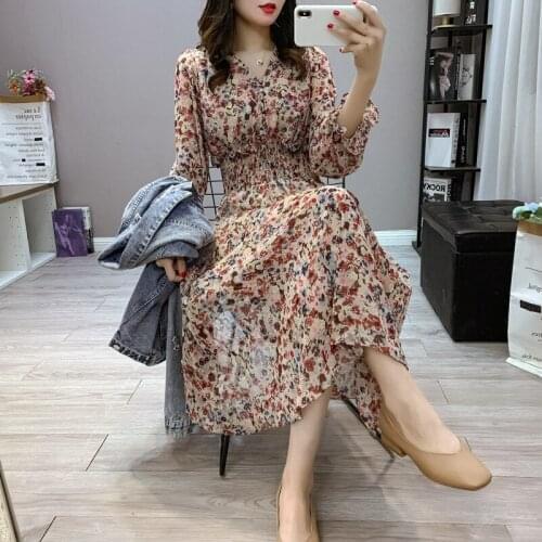 Floral Chiffon dress womens Korean version new V-Neck long sleeve single breasted waist slim long skirt summer