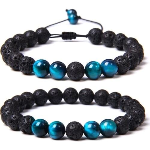 Vintage 2pcs Men Bracelet 8mm Natual Stone Tiger Eye Beads Bracelet Round Onyx Beaded Adjustable Bracelet Jewelry Women Men