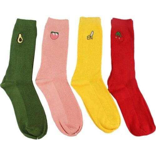 Funny cute avocado banana cherry cartoon fruit pattern women girl cotton loose crew socks Korean Harajuku embroidery kawaii sock