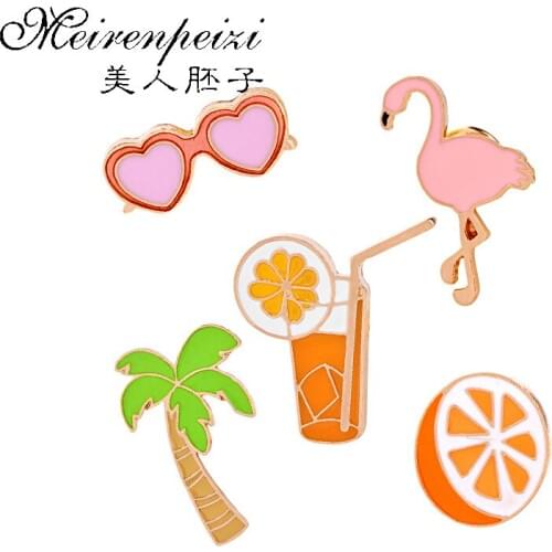 Enamel Pins Orange Juice Coconut Tree Flamingo Animal Brooches For Women Pins Jewelry K-POP Badges Backpack Accessories