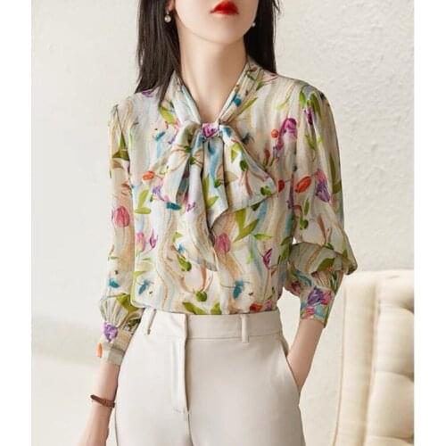 Autumn 2021 fresh tulips print floating lead set head imitation mulberry silk shirt girl long sleeve top women COTTON