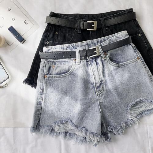 Ailegogo 2020 New Summer Women High Waist Hole Blue Denim Shorts Casual Female Solid Color Frayed Black Jeans Shorts With Belt