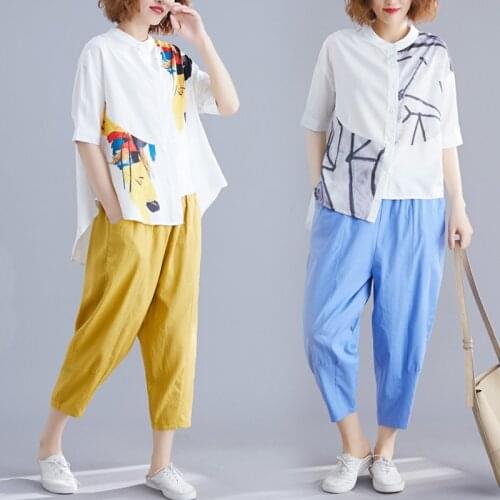Women fashion Large size 2-piece set women summer irregular print cotton and linen casual shirt + loose wide-leg pants Suit