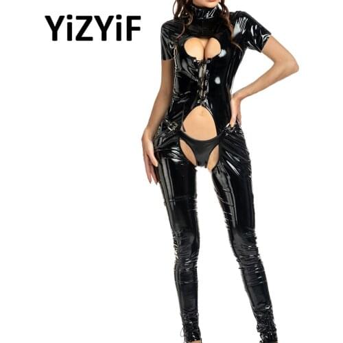 Women Hollow Out Patent Leather Bodysuit Sexy Crotchless Catsuit Key Hole Skinny Jumpsuits