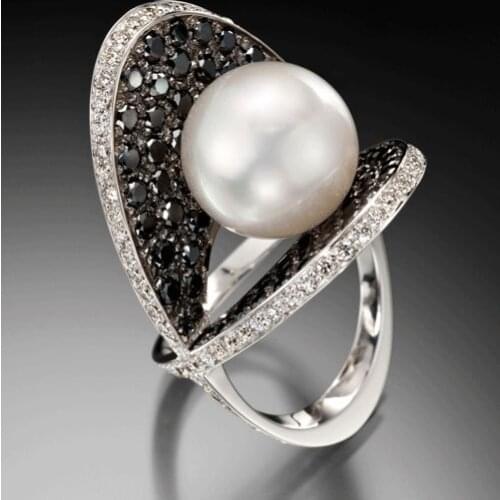 Delicate Womens Elegant 925Silver Black & White Sapphire & White Pearl Ring Anniversary Gift Engagement Bridal Rings