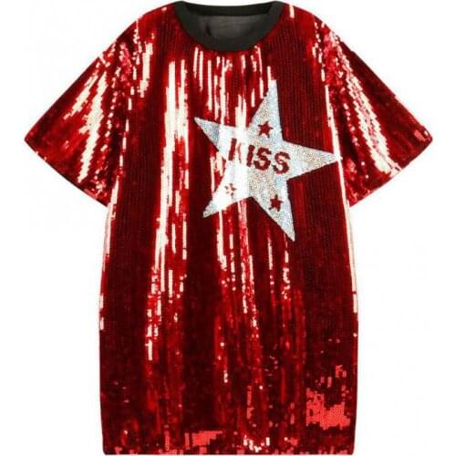Fashion Sequin English Short Sleeve O-neck Straight Loosewomen Party Sequin DressesRopa Mujer Robe Femme Free Size 2295