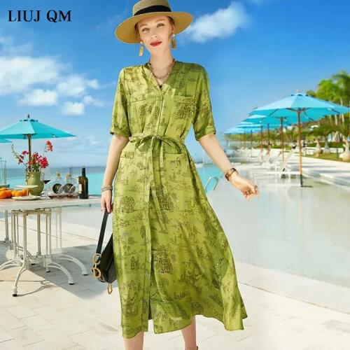Plus Size Beach Dresses And Tunics ladies Midi Dress Short sleeve Spring Summer Floral Green Dress Woman Loose Elegant V-neck