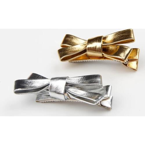 2pcs/lot Lovely Baby Girls PU Bow Hairpins Princess Bowknot Hair Clips Kids Gold&Silver Leather Barrette Hair Accessory