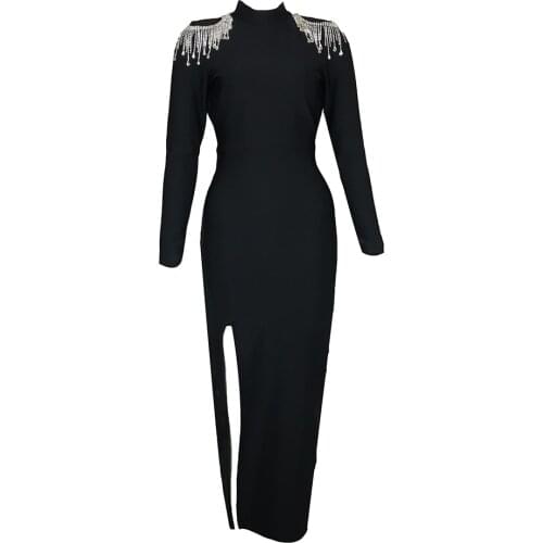 Bandage Dress Women Summer Autumn Winter Long Sleeve Beading Backless Maxi Dress Elegant Sexy Party Club Clothes