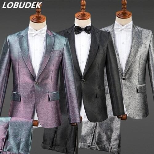 Bright Purple Black Silver Silk Blazer Mens Suits Singer Host Costume Chorus Performance Stage Outfits Wedding Master Show Suit