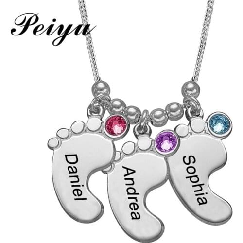 Baby Feet Necklace with Birthstone Engraved 3 Names Custom Necklace Stainless Steel Silver Gold color Mothers Day Gift Jewelry