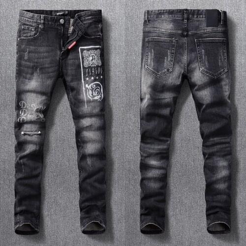 High Street Fashion Men Jeans Retro Black Elastic Slim Fit Ripped Jeans Men Printed Designer Destroyed Hip Hop Denim Punk Pants