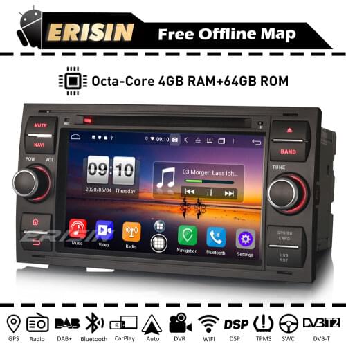 Erisin ES8766FB Octa-Core Car Radio for Ford Fiesta Kuga Galaxy Fusion C-Max Android Auto 10 DAB+ RDS GPS SatNav DSP WiFi OBD BT