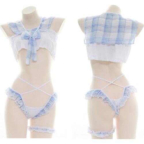 Lolita Blue White Plaid Sailor Collar Chiffon Nightdress Sweet Ruffle Lace Up Underwear School Uniform Cosplay Pajamas Drop Ship