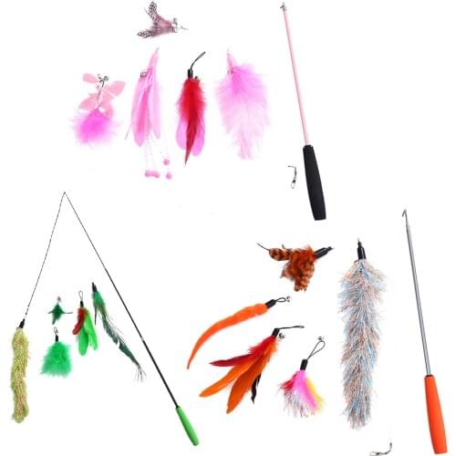 Cat Toys Telescopic Feather Teaser Rod Set Cat Interactive Playing Wand Sticks Toys with Replacement Head Funny Pet Supplies