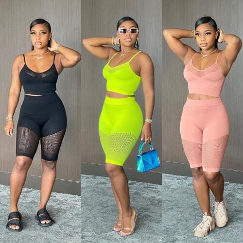 Sheer Mesh Patchwork Two Piece Set Women Spaghetti Straps Top And Knee Length Pants Casual Fitness Jogging Outdoor Tracksuit