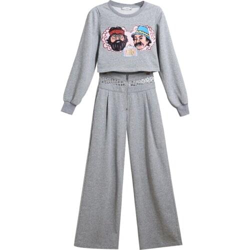 Korean Winter Ribbed Printed Tracksuit 2 Piece Pant Suits For Women Long Sleeve Trendy Two Piece Set Top And Pants Suit Outwear