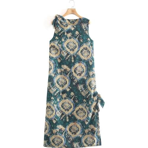 Summer Womens Printed Round Neck Tie Long Dress Ankle Skirt