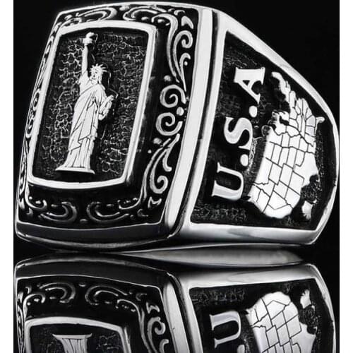 MIQIAO Silver Plated Statue Of Liberty USA America Map Vintage Hip Hop Rings for Men Women Couple Friends Gift Fashion Jewelry