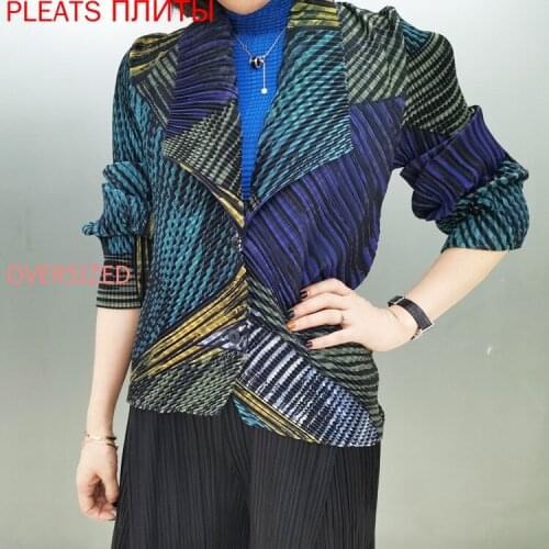 Miyake Pleated Coat Autumn Winter New Pleated Digital Print Lapel Button Long Sleeve Short Coat Veste Femme Ropa De Mujer Chaque