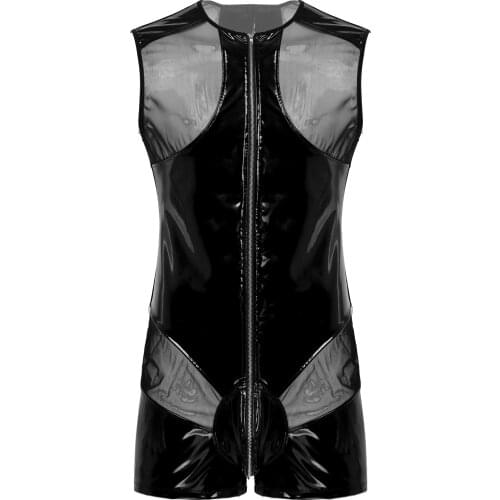 Plus Size Men Bodysuit Wet Look Patent Leather Bugle Pouch Short See-through Mesh Patchwork O Neck Sleeveless Zipper Jumpsuit