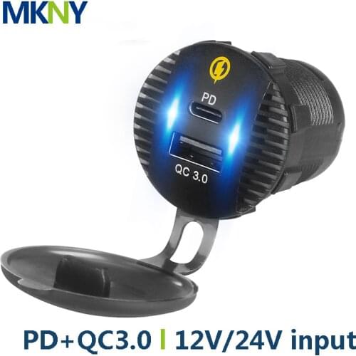 Panel mounted USB charger socket 28mm Screw installation TYPE C and TYPE A Dual Port USB PD QC3.0 fast USB Charger 12V-24V 36W