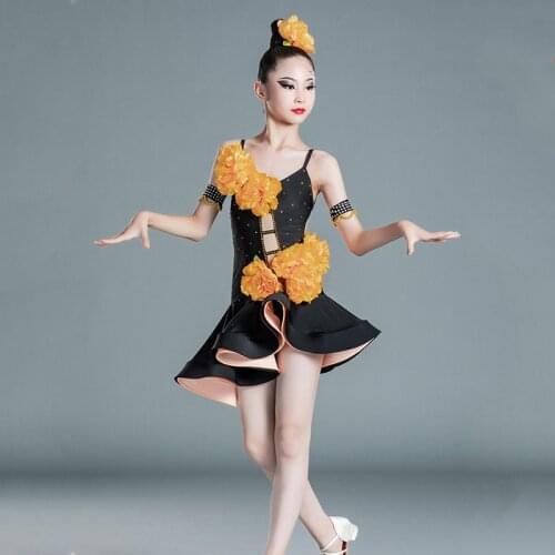 Girls High-End Flowers Diamond-Studded Sling Dress Latin Professional Costumes Children Latin Dance Competition Dresses DN9775