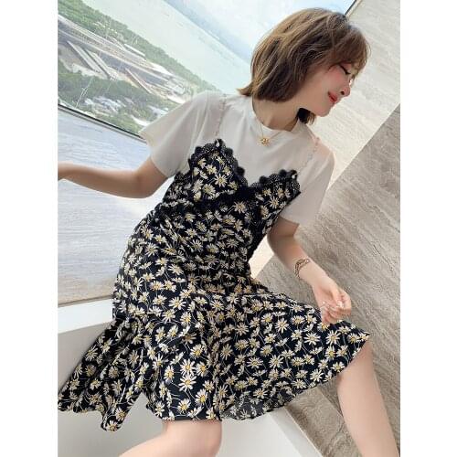 Condole belt print dress stitching T-shirt relaxed falbala holiday two dresses amoi