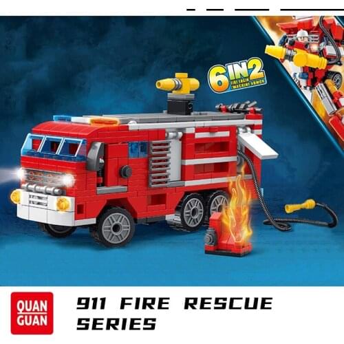 Fire Rescue Team 911 Series 6-in-2 Bricks Car Firemen Truck Model Assembling Blocks DIY Children Toys Boys Girls Gifts