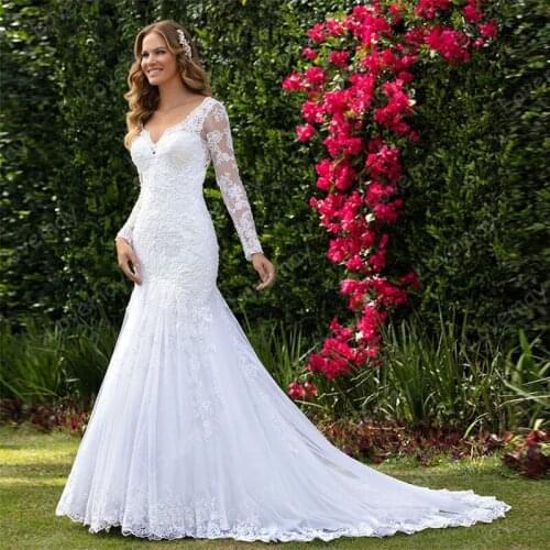 Long Sleeve Wedding Dresses Mermaid Bridal Dress 2021 Lace Pearls V-Neck Backless Civil Bride Gowns Plus Size Vestido De Noiva