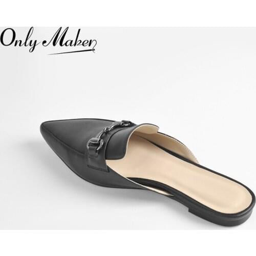 Onlymaker Summer Slip-On Flat Sandals Matte Black Soft PU Leather Metal Decoration Casual Pointed Toe Slipper For Women Big Size