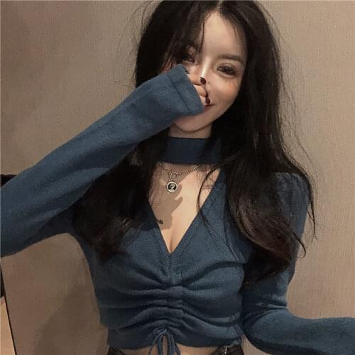 2020 Autumn Winter V-neck Halter Sexy Short Crop Drawstring Woman Sweaters Femme Chandails Pull Hiver