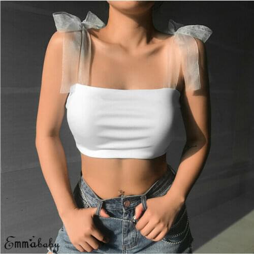 Sleeveless Sweet Women Lace Tie Bowknot Strap Plain Stretch Boob Tube Crop Tops Backless Vest T-Shirt Tank Mini Tee