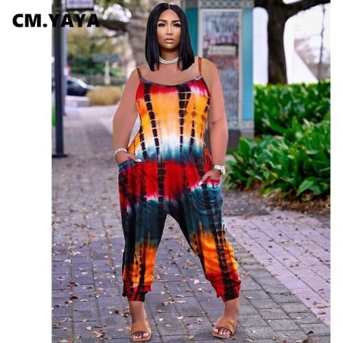 CM.YAYA Women Jumpsuit Print Spaghetti Strap Loose Jumpsuit with Pockets Female Casual High Street Fashion One Piece Set Summer