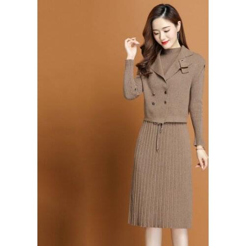 Autumn Women Knitted 2 Piece Sets Sweater Long Sleeve Pullover Button Top Winter Elastic Office Ladies Midi Skirt Outfits X100