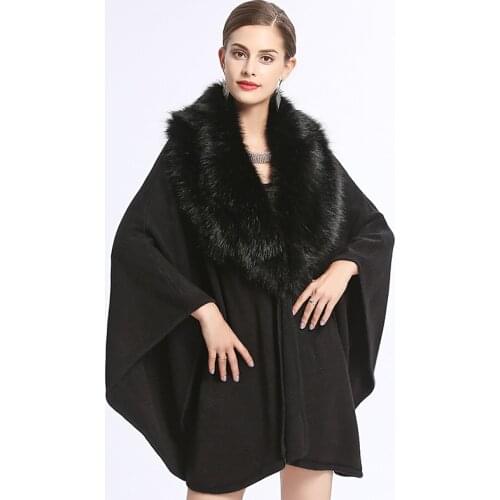 SWONCO Winter Cape On Shoulder With Faux Fur Collar Women Capes Coat White Winter Poncho Capa Con Capucha Black Long Cape Women