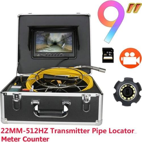 9 inch DVR Monitor 30M Sewer Pipe Inspection Video Camera with Meter Counter 512Hz Transmitter Pipe Locator 22MM IP68