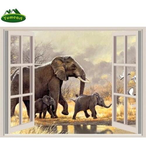DIY 5D Diamond Painting By Number Window Outside Elephant Family,diamond Art Crystal Rhinestone Embroidery Diamond Mosaic Art