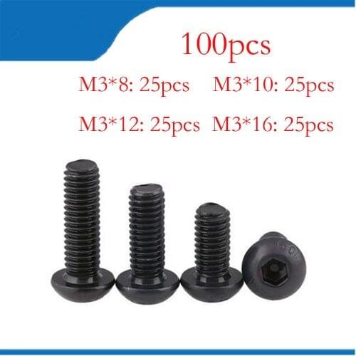 Free Shipping 100pcs m3 bolts M3x8/10/12/16 Half round pan head black grade 10.9 carbon Steel Hex Socket Head Cap Screw