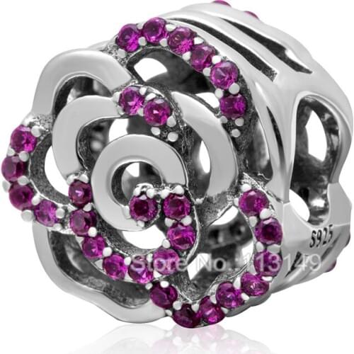 Fuchsia Zircon Micro Pave Hollow Rose Flower Big Hole 925 Sterling Silver Beads Fit European Charm Bracelet Necklace SZPB225