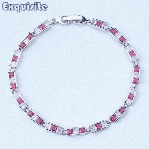 Lovely Pink Crystal & Cubic Zirconia Silver Color Charm Bracelets Fashion Jewelry For Women Party Bridal Wedding D0021