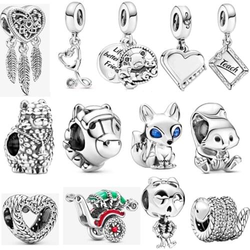 Sterling Silver Beads Fox Horse Heart Piano Squirrel Stethoscope Charm Fit Original pan Bracelet For Women DIY Jewelry