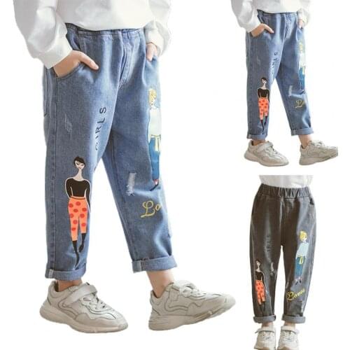 2021 New Trendy Girl Jeans Cartoon Print Breathable Elastic Waist 4-9T Baby Girl Casual Pants for Home Size 4/5/6/7/8/9