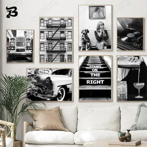 Classical Vintage Wall Art Canvas Painting Car Bus Woman Dog and Buildings Nordic Posters Wall Pictures for Living Room Decor
