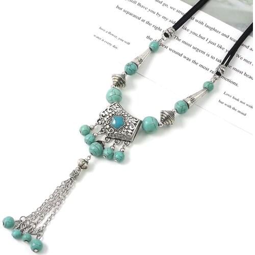 New Bohemian retro Ethnic style jewelry Miao silver Necklace turquoise long tassel sweater chain Ladies fashion accessories